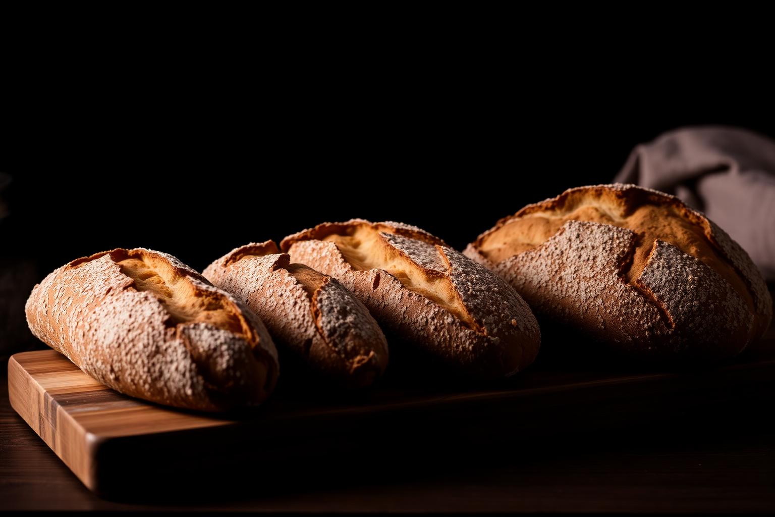 Artisan sourdough loaves on a wooden board